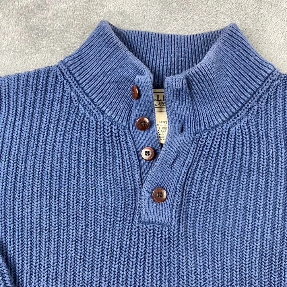 Vtg LL Bean Mens L Sweater Blue Cotton Shaker Stitch Mock Neck Quarter Button